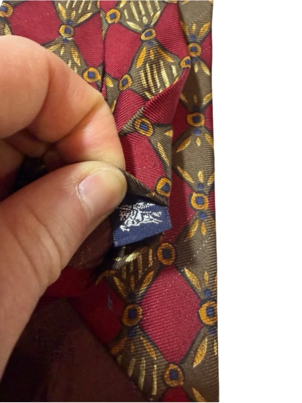 Burberrys London Silk Tie Red Gold Geometric Medallion Vintage Luxury